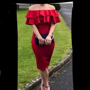Red, bodycon (fitted), off shoulder dress.